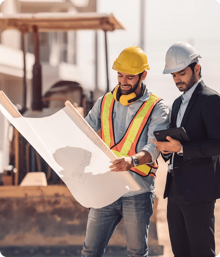 Construction workers reviewing blueprints on site