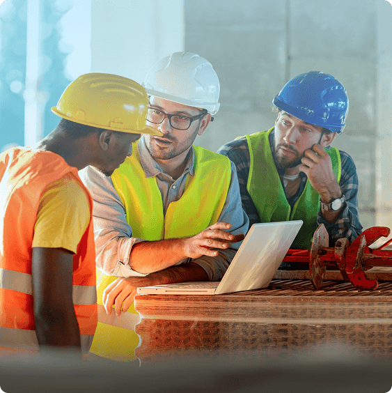 A construction engineer in a hard hat viewing a data optimization UI screen