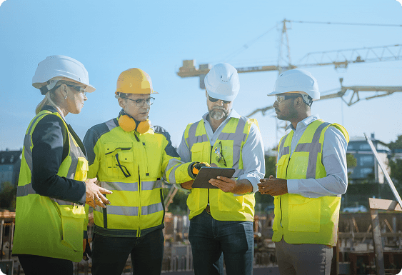 Contractors collaborating with permitting workflow on a screen