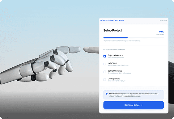 A robotic hand pointing to a UI screen for Project Setup