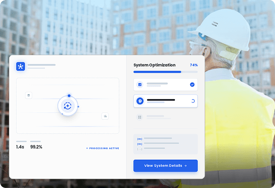 A construction engineer in a hard hat viewing a data optimization UI screen