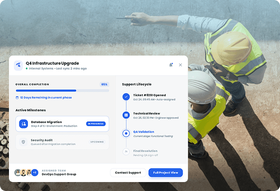 Two construction professionals overlooking a construction site with a progress tracking UI overlay